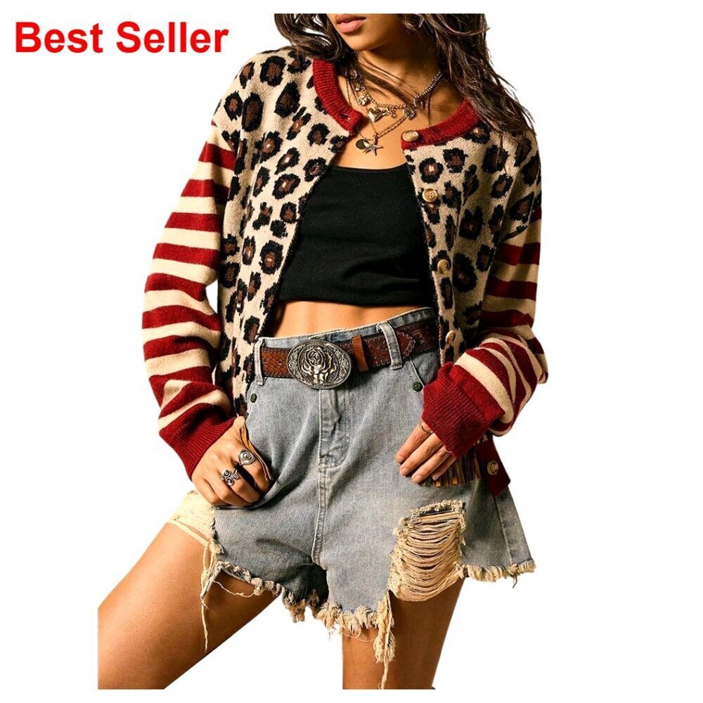Leopard Print Striped Cardigan Sweater, Button Front, Long Sleeve, Soft Knit